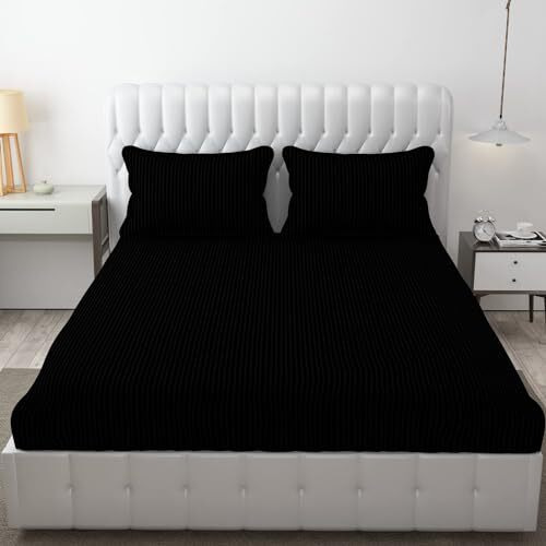 Mallowworld Stripe Glace Cotton Feel Elastic Fitted Queen Size Bedsheet 1 Double Bedsheet With 2 Pillow Covers (Black) Size 72 X 78 Inch