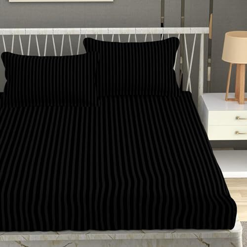 Mallowworld Stripe Glace Cotton Feel Elastic Fitted Queen Size Bedsheet 1 Double Bedsheet With 2 Pillow Covers (Black) Size 72 X 78 Inch
