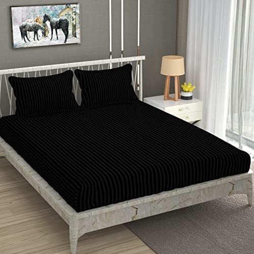 Mallowworld Stripe Glace Cotton Feel Elastic Fitted Queen Size Bedsheet 1 Double Bedsheet With 2 Pillow Covers (Black) Size 72 X 78 Inch