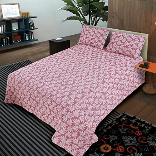 Victor King Size Light Weight Super Soft Easy Care 100% Combed Cotton Floral Leafy Design Double Bedsheet/Bed Cover With 2 Pillow Covers (91X106 Inch, Light Maroon)