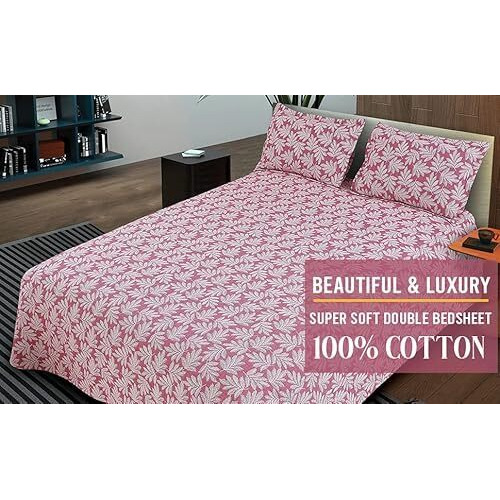 Victor King Size Light Weight Super Soft Easy Care 100% Combed Cotton Floral Leafy Design Double Bedsheet/Bed Cover With 2 Pillow Covers (91X106 Inch, Light Maroon)