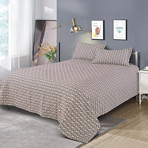 Victor King Size Light Weight Super Soft Easy Care 100% Combed Cotton Geometrical Desgin Double Bedsheet/Bed Cover With 2 Pillow Covers (91X106 Inch, Coffee)