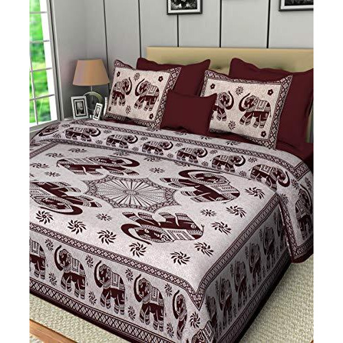 Manavrachit Cotton 210 Tc Flat Bedsheet With 2 Pillow Covers King Size Rajasthani Sanganeri Jaipuri Print Soft Fabric For Bed Room, Hotel, Home And Living Room(90X100 Inches)(Brown)