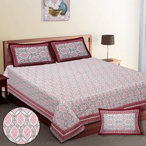 Tamasvini 100% Cotton 144 Tc 1 Bedsheet With 2 Pillow Covers Sanganeri Jaipuri Print (Size 90 Inches X 108 Inches) Standard King Size Bedsheet For Home And Living Room (Red Boota)
