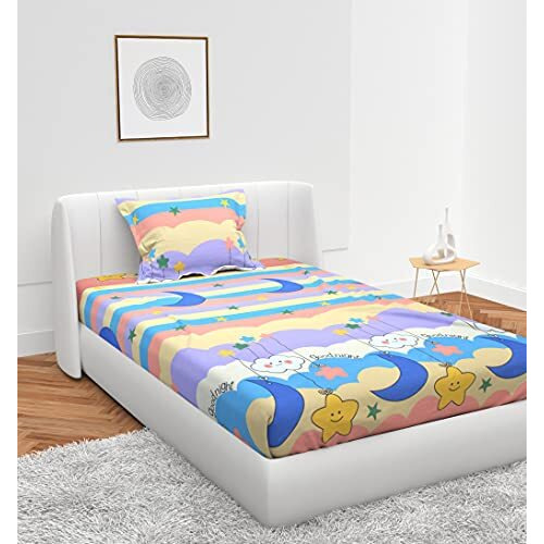Pnp Textiles Good Night Single Bedsheet Cartoon Print For Kids Room Single Bed Made With Pure Microfiber (Size 60 X 90 Inches) 1 Bedsheet + 1 Pillow Cover (Color-Beige)