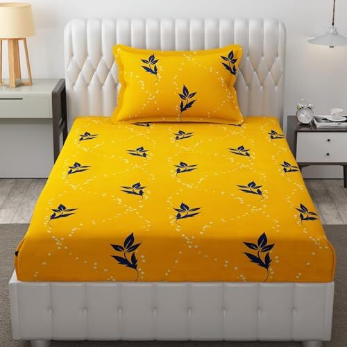 Mallowworld King Size | Microfiber Bed Sheet For Single Bed | Floral Design Bed Spread With 1 Pillow Covers | Wrinkle Free Hypo-Allergenic Bedsheets/Bedcover (60X90 Yellow Leaves)