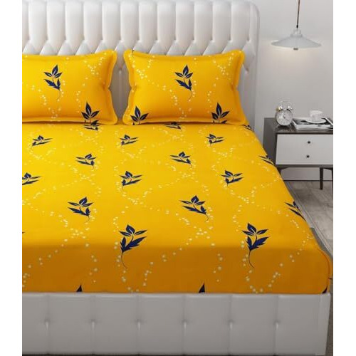 Mallowworld King Size | Microfiber Bed Sheet For Single Bed | Floral Design Bed Spread With 1 Pillow Covers | Wrinkle Free Hypo-Allergenic Bedsheets/Bedcover (60X90 Yellow Leaves)