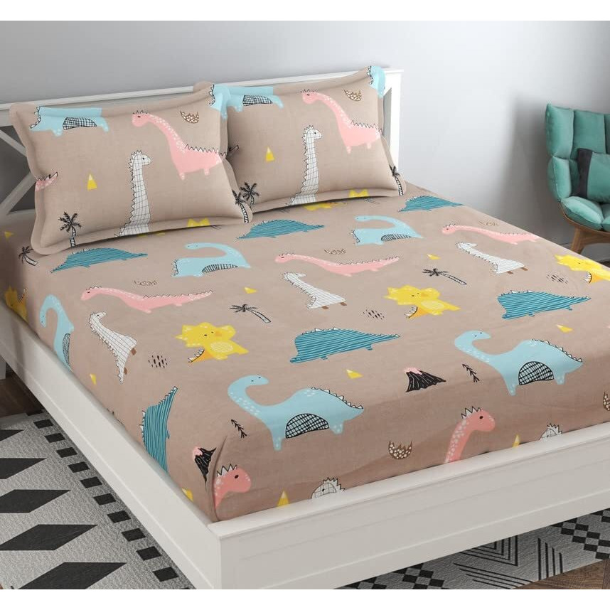 Tarain Collection 210 Tc Pure Cotton Fitted Elastic Double Bedsheet With 2 Pillow Covers 18 Inch X 28 Inch (Bluess) 72 Inch X 78 Inch + 10 Inch ((Beige Dragon))