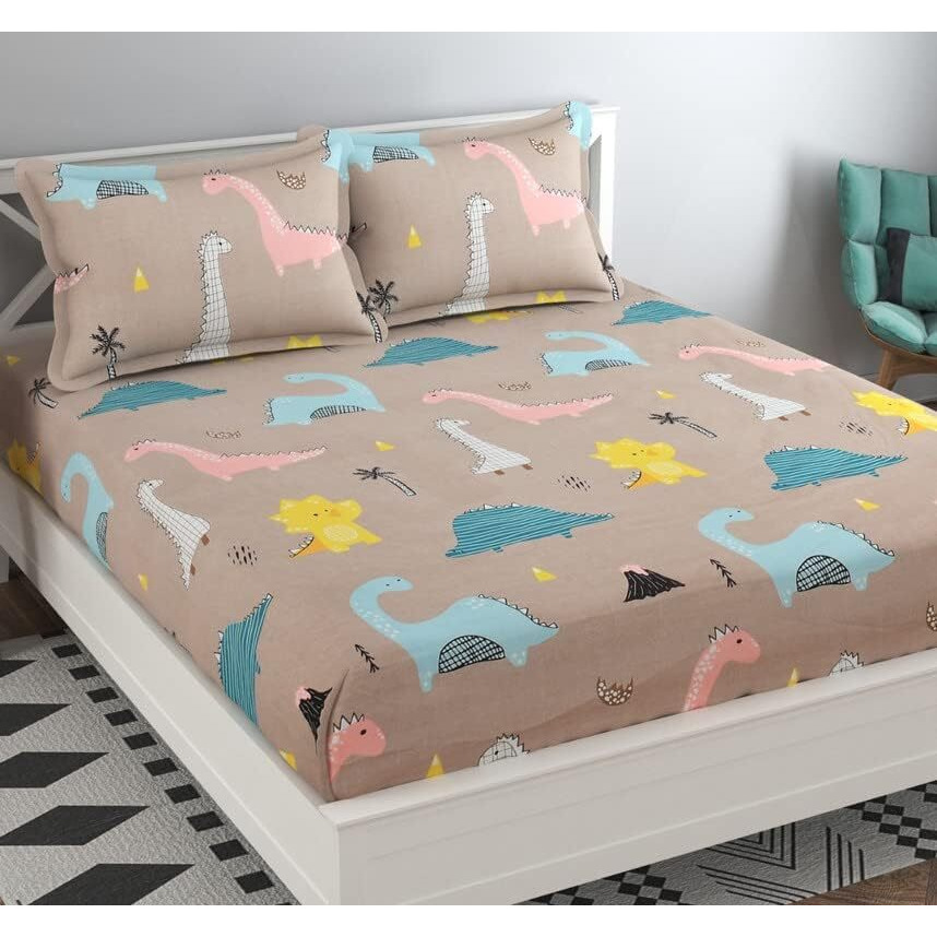 Tarain Collection 210 Tc Pure Cotton Fitted Elastic Double Bedsheet With 2 Pillow Covers 18 Inch X 28 Inch (Bluess) 72 Inch X 78 Inch + 10 Inch ((Beige Dragon))