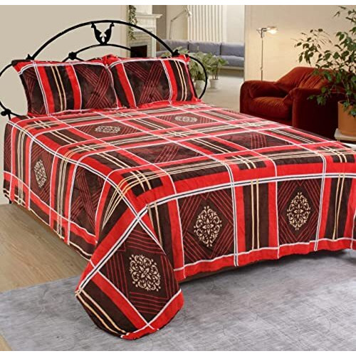 Nivasam Fleece Winter King Size Woolen Warm Double Bedsheet With 2 Pillow Covers Premium Luxury Design Reversible - 228X269 (Plaid Red Brown)