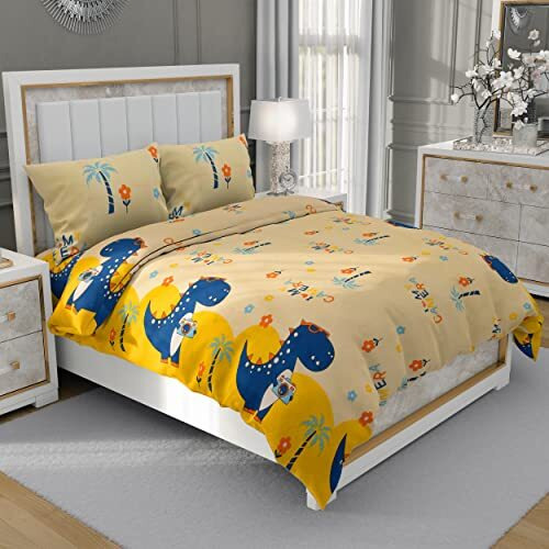 Manavrachit Kid's Cotton Cartoon Printed 210 Tc Bedsheet For Double Bed King Size With 2 Pillow Covers, Home And Living Room (90 X 100 Inches)(Dinosaur Print, Beige)