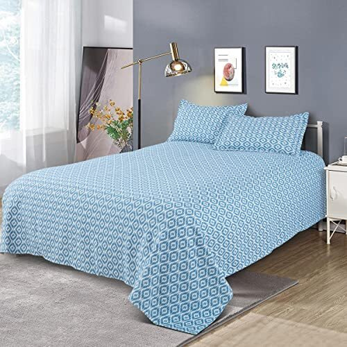 Victor King Size Light Weight Super Soft Easy Care 100% Combed Cotton Geometrical Desgin Double Bedsheet/Bed Cover With 2 Pillow Covers (91X106 Inch, Blue)