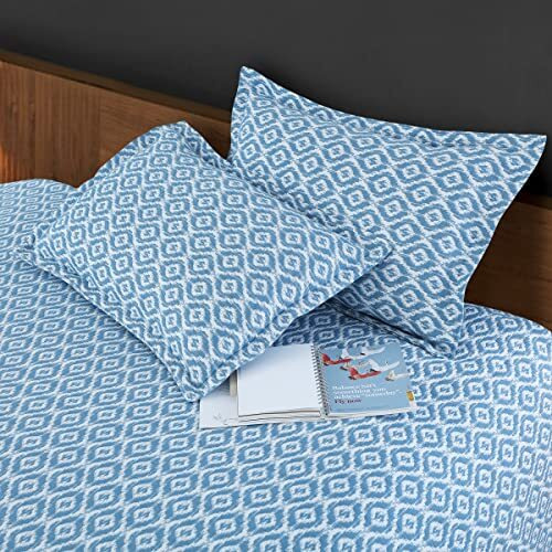 Victor King Size Light Weight Super Soft Easy Care 100% Combed Cotton Geometrical Desgin Double Bedsheet/Bed Cover With 2 Pillow Covers (91X106 Inch, Blue)