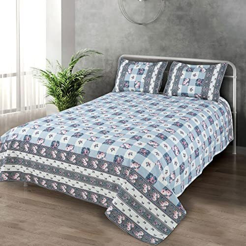 Victor King Size Light Weight Super Soft Easy Care Cotton Floral Desgin Double Bedsheet/Bed Cover With 2 Pillow Covers (91X106 Inch, Pink & Blue)