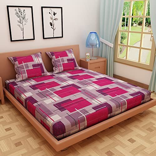 Dream Care 120 Tc 100% Pure Cotton Double Queen Size Bedsheet With 2 Pillow Covers (223 X 243 Cm, 88 X 96 Inches, Geometric Print - Pink)