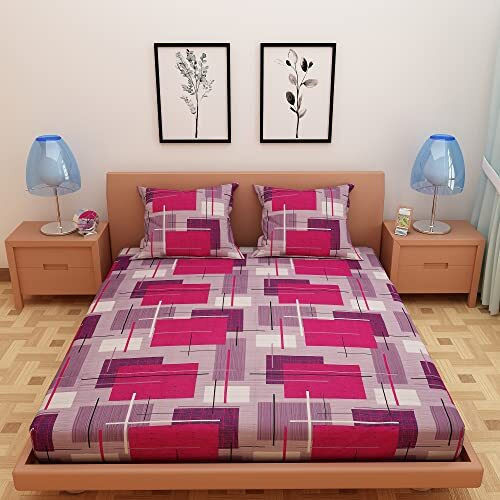 Dream Care 120 Tc 100% Pure Cotton Double Queen Size Bedsheet With 2 Pillow Covers (223 X 243 Cm, 88 X 96 Inches, Geometric Print - Pink)