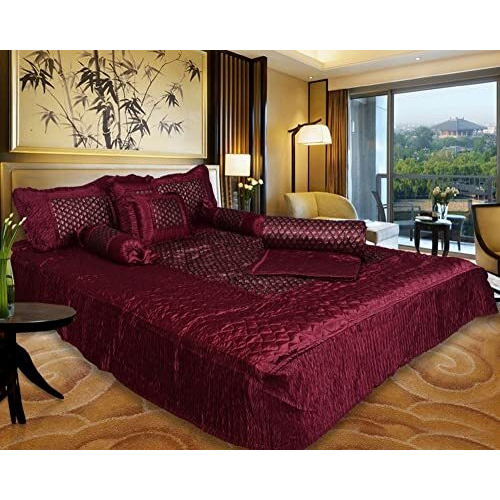 Manavrachit Self Design Satin Bedding Set (Set Of 8 Pcs)[1 Double Bed Bedsheet || 2 Pillow Cover || 2 Filled Cushion || 2 Filled Bolsters ||1 Ac Comforter] Butti. (Maroon)