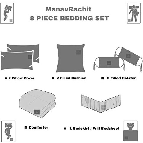 Manavrachit Self Design Satin Bedding Set (Set Of 8 Pcs)[1 Double Bed Bedsheet || 2 Pillow Cover || 2 Filled Cushion || 2 Filled Bolsters ||1 Ac Comforter] Butti. (Maroon)