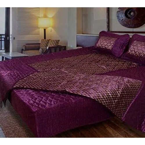 Manavrachit Jaipuri Sanganeri Satin Gold Printed Designer Bedding Set (Set Of 4 Pcs) [1 Double Bed Bedsheet || 2 Pillow Cover ||1 Double Bed Ac Comforter] Designer Butti (Falsa Purple)