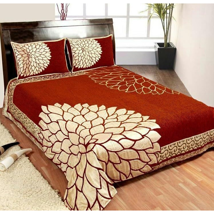 Fresh From Loom Floral Chenille Velvet Bedsheet Cum Bed Spread For Double Bed King Size 500 Tc With 2 Pillow Cover, Size- 90X100 Inch