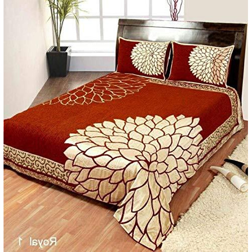 Fresh From Loom Floral Chenille Velvet Bedsheet Cum Bed Spread For Double Bed King Size 500 Tc With 2 Pillow Cover, Size- 90X100 Inch