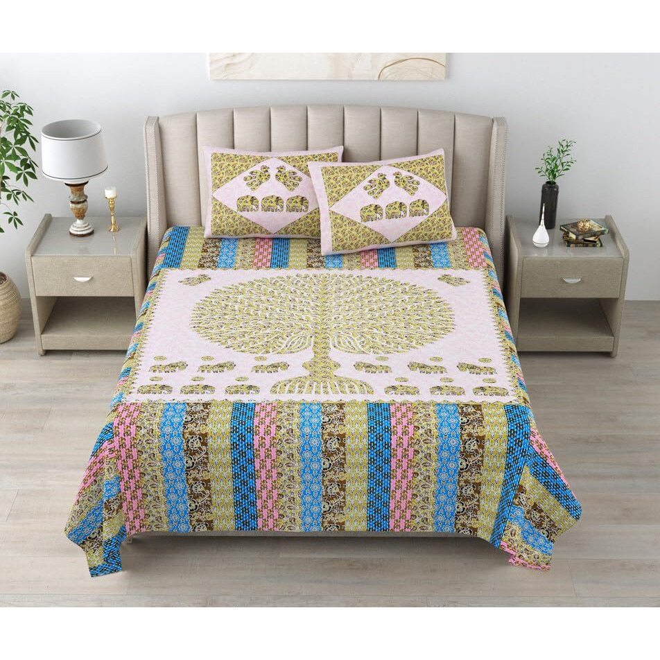 Kotts & Stitch Jaipuri Cotton Double Bedsheet | Traditional Big Tree Print | 93X108 Inch| Pure Cotton With 2 Pillow Covers | Green, Brown, Pink, Blue Colors| Perfect For Home Dcor And Everyday Use