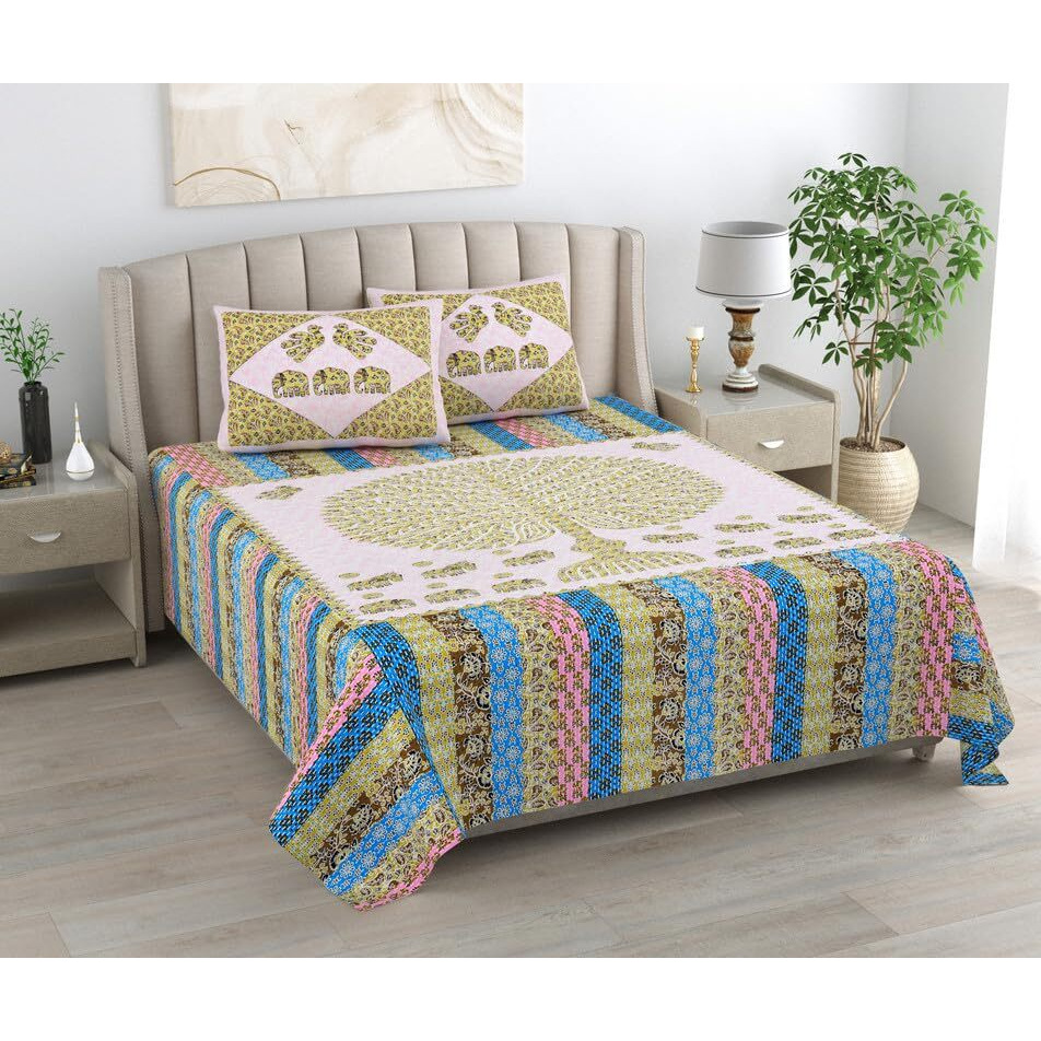 Kotts & Stitch Jaipuri Cotton Double Bedsheet | Traditional Big Tree Print | 93X108 Inch| Pure Cotton With 2 Pillow Covers | Green, Brown, Pink, Blue Colors| Perfect For Home Dcor And Everyday Use