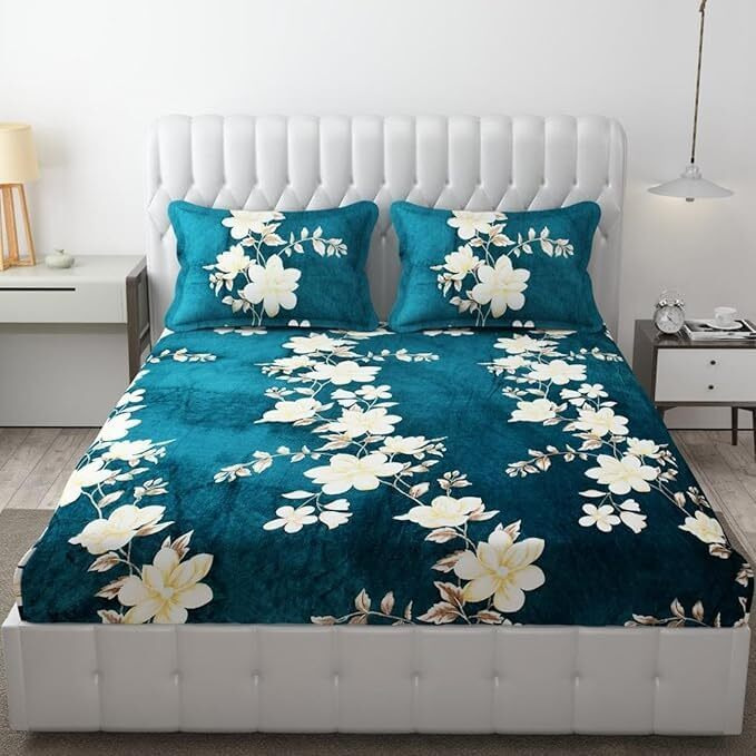 Bhavya Apparel King Size Double Bed Bedsheet | Flannel Feel Glace Soft Winter Double Bed Premium Elastic Fitted Bedsheet With 2 Pillow Cover | 72 X 78 Inch