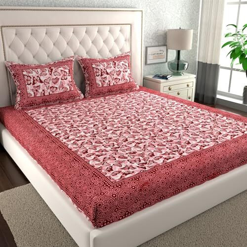 Clothology 144 Tc 100% Cotton Double Bed Size/Queen Size Bed Printed Flat Bedsheet With 2 Pillow Covers, (Pack Of 1), Popularly Known As (90X100) Bed Sheet Double Bed Cotton
