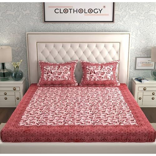 Clothology 144 Tc 100% Cotton Double Bed Size/Queen Size Bed Printed Flat Bedsheet With 2 Pillow Covers, (Pack Of 1), Popularly Known As (90X100) Bed Sheet Double Bed Cotton