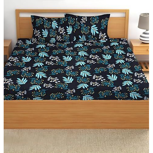 Starnstyle Premium 160 Tc Ezyption Cotton Blend Floral Printed Pattern Double Bedsheet With 2 Pillow Covers Breathable& Wrinkle Free - 3 Pcs Set 228 X228 Cm Black Sky