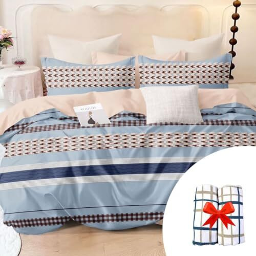 Antalya Decor Elastic Fitted Queen Size Cotton Bedsheet 140 Gsm 90 * 100 Inches (Blue And Beige) Glace Cotton With 2 Pcs Of Face Towels Free