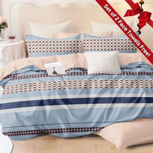 Antalya Decor Elastic Fitted Queen Size Cotton Bedsheet 140 Gsm 90 * 100 Inches (Blue And Beige) Glace Cotton With 2 Pcs Of Face Towels Free