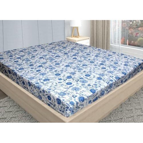 Stylista Rajasthani Traditional Hand Work Stitch Katha Print Cotton Bedsheet/Comforter For King Size Double Bed Bedsheet, Floral Blue On White Base