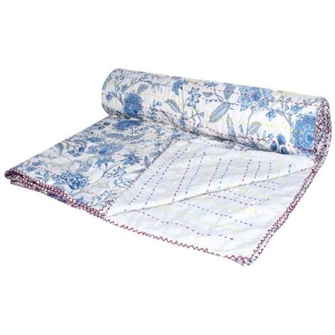 Stylista Rajasthani Traditional Hand Work Stitch Katha Print Cotton Bedsheet/Comforter For King Size Double Bed Bedsheet, Floral Blue On White Base