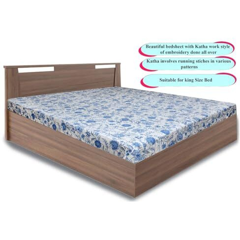 Stylista Rajasthani Traditional Hand Work Stitch Katha Print Cotton Bedsheet/Comforter For King Size Double Bed Bedsheet, Floral Blue On White Base