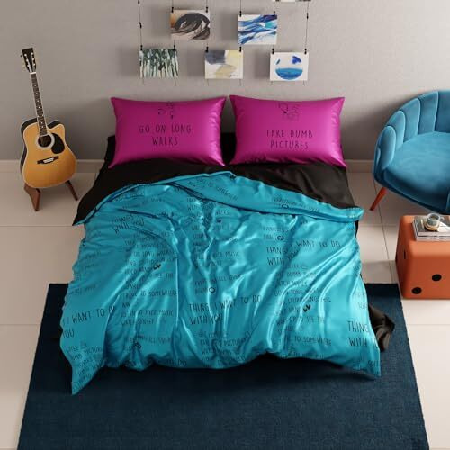 Quirkloom Satin Bed In Bag Set For Double Bed,Premium,Quirky Printed Complete Bedding Set With Pillow Covers,Shrink Resistant,Housewarming,Pillow Talk-Aqua,300 Tc