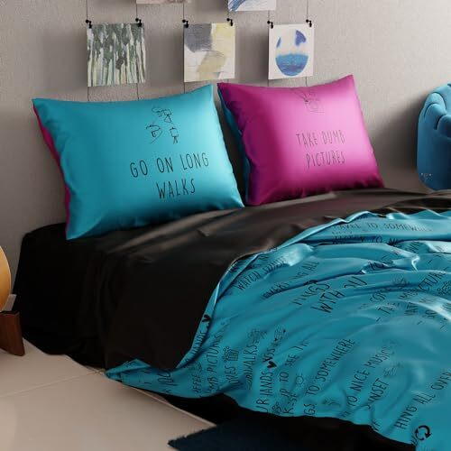 Quirkloom Satin Bed In Bag Set For Double Bed,Premium,Quirky Printed Complete Bedding Set With Pillow Covers,Shrink Resistant,Housewarming,Pillow Talk-Aqua,300 Tc