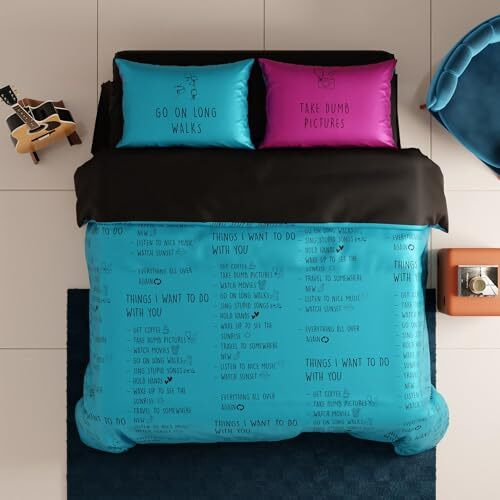 Quirkloom Satin Bed In Bag Set For Double Bed,Premium,Quirky Printed Complete Bedding Set With Pillow Covers,Shrink Resistant,Housewarming,Pillow Talk-Aqua,300 Tc