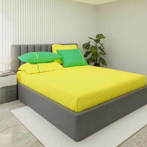 Blisshome Bedsheet For King Size Bed 100% Cotton 150 Tc, 1 Bed Sheet, 4 Pillow Covers For Home, Solid With Contrast Pillow & Piping (Lime & Green)