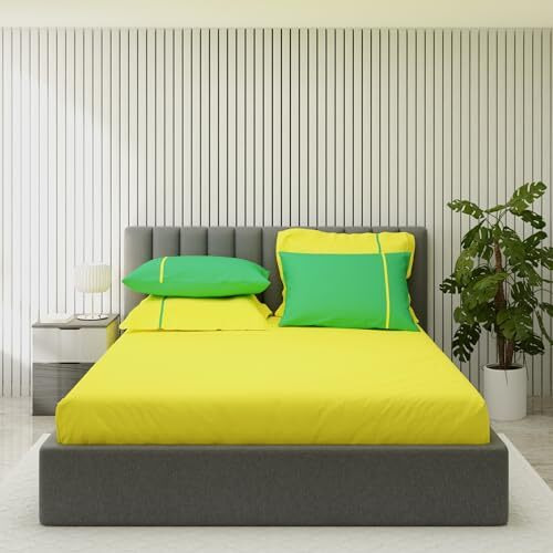 Blisshome Bedsheet For King Size Bed 100% Cotton 150 Tc, 1 Bed Sheet, 4 Pillow Covers For Home, Solid With Contrast Pillow & Piping (Lime & Green)