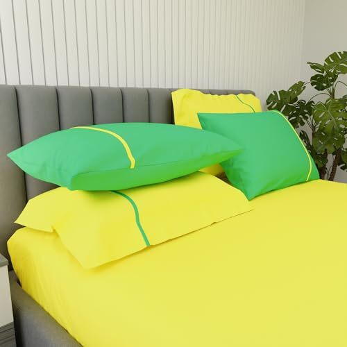 Blisshome Bedsheet For King Size Bed 100% Cotton 150 Tc, 1 Bed Sheet, 4 Pillow Covers For Home, Solid With Contrast Pillow & Piping (Lime & Green)