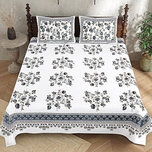 Hokipo Bedsheet King Size Bed Cotton 300Tc With 2 Pillow Covers Jaipuri Rajasthani Hand Block Print Majestic 108X108 Inches (In-610-D2)