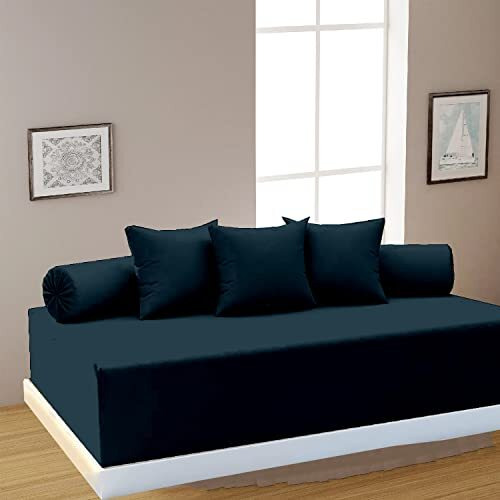 Cotton Diwan Set 6 Pieces -Single Bedsheet, 3 Cushions Covers And 2 Bolster Covers ( Diwan Sheet-60 X 90 Inches, Cushion Cover-16 X 16 Inches, Bolster Cover-16 X 32 Inches)-Navy Blue Solid