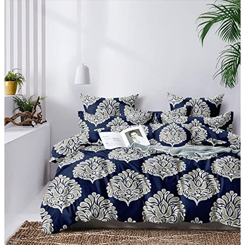Divine Overseas King Size Bed Sheet | 1 Bedsheet + 2 Pillow Covers, Affordable, Hypoallergenic, Wrinkle Resistant, Soft, Durable (Navy Abstract, King Size Flat)