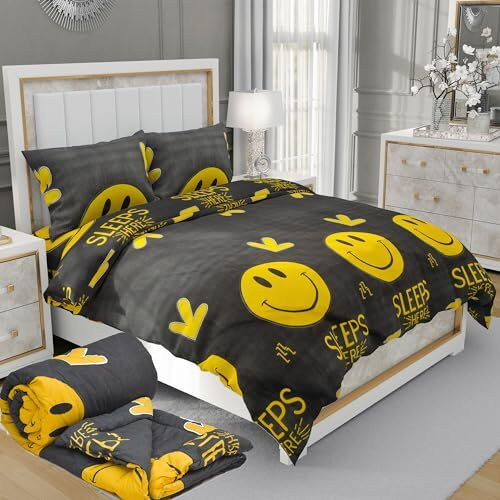 Manavrachit Cotton 210Tc Smiley Printed Bedding Set Of 4(1 Comforter Microfiber Filled And 1 Flat Sheet With 2 Pillow Covers) King Size Ac/Blanket Wedding Set(Black)