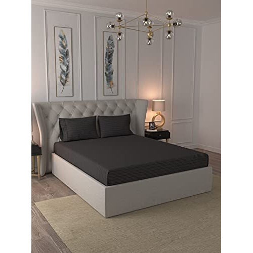 Livonti 100% Cotton Satin 600 Tc Stripes Queen Size Fitted Bedsheets With All Around Elastic And 2 Pillow Cover | 78X60 Inch - Charcoal Grey