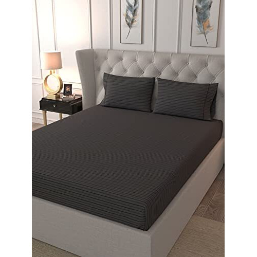 Livonti 100% Cotton Satin 600 Tc Stripes Queen Size Fitted Bedsheets With All Around Elastic And 2 Pillow Cover | 78X60 Inch - Charcoal Grey