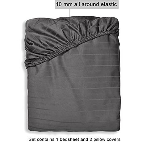 Livonti 100% Cotton Satin 600 Tc Stripes Queen Size Fitted Bedsheets With All Around Elastic And 2 Pillow Cover | 78X60 Inch - Charcoal Grey