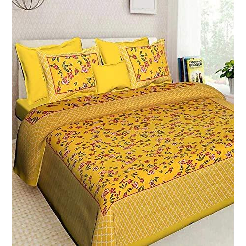 Rajdevi Jaipur Prints Yellow Flower Queen Size 1 Bedsheet 100% Cotton With 2 Pillow Cover